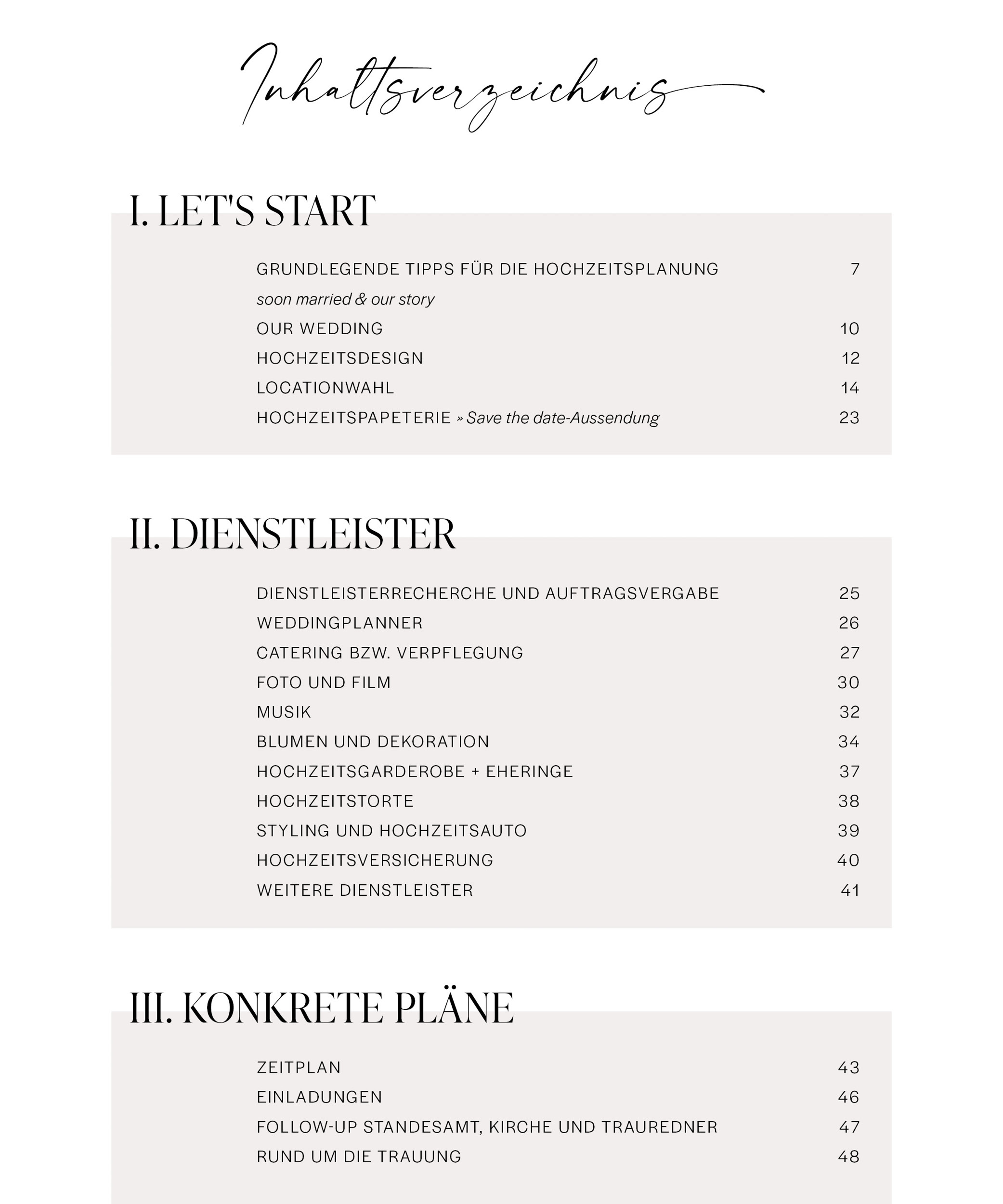 Dieses Bild zeigt den 1. Teil des Inhaltsverzeichnisses des Crème-de-la-Crème-Weddingplanner Buchs für Brautpaare, die ihre Hochzeit perfekt planen möchten. Es wird kein zweites so detailliertes Hochzeitsplanungsbuch geben.